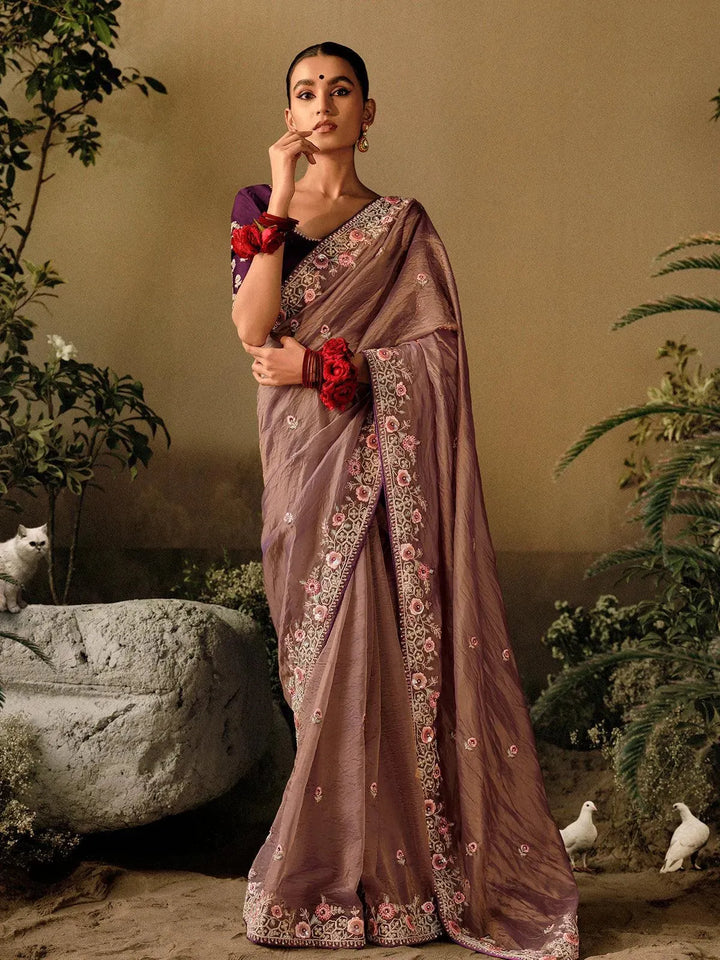 Brown Dola Silk Embroidered Hand Work Saree Party Wear - VJV Now