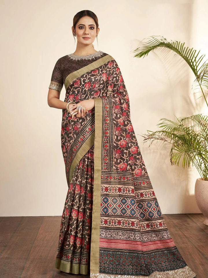 Brown Floral Printed Classic Silk Saree - VJV Now