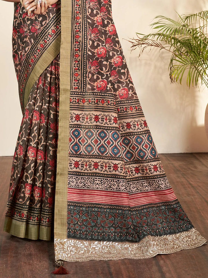 Brown Floral Printed Classic Silk Saree - VJV Now