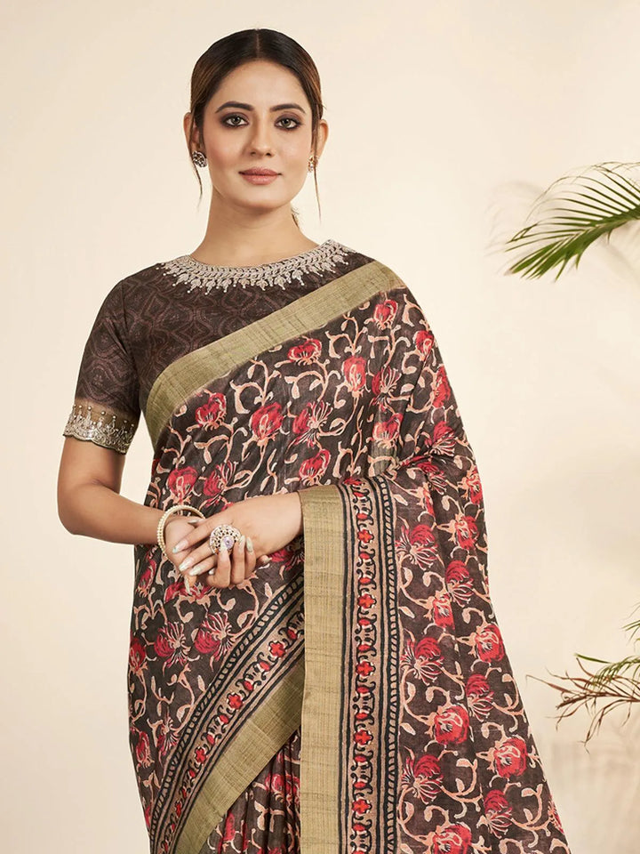 Brown Floral Printed Classic Silk Saree - VJV Now