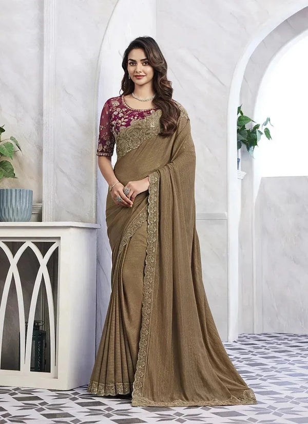 Brown Silk Sequin Party Wear Saree - VJV Now