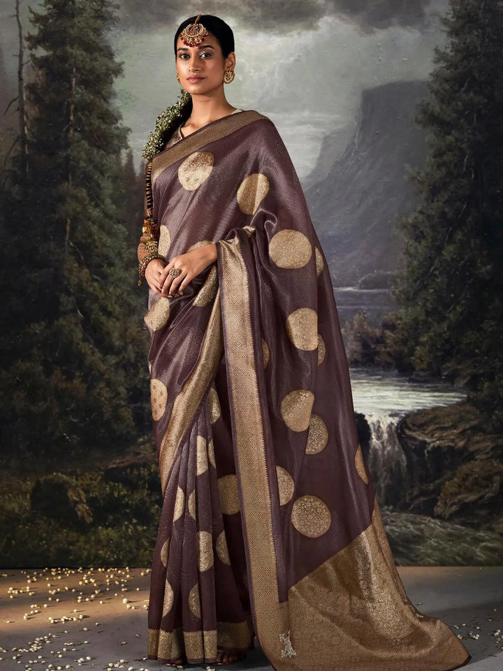 Brown Zari Weaving Banarasi Organza Silk Saree - VJV Now