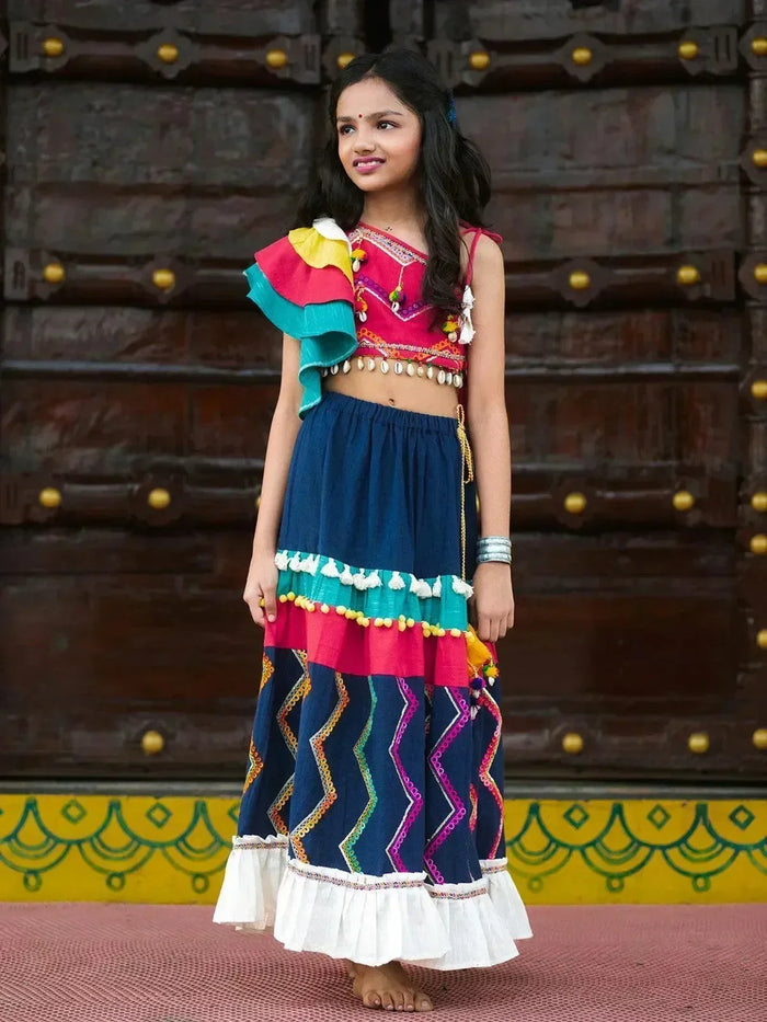 Navy blue Navratri lehenga with butterfly sleeves choli for girls