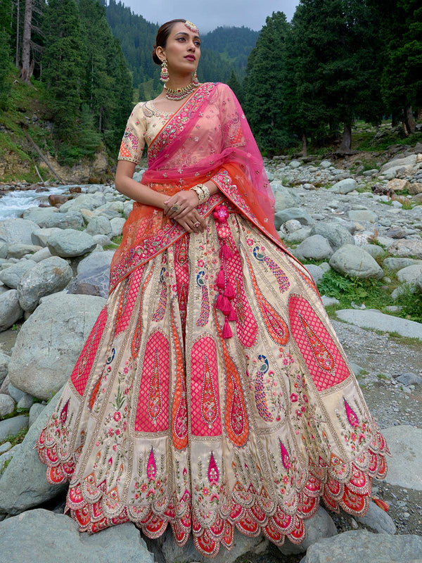 Cream And Pink Heavy Embroidered Work Traditional Designer Wear Lehenga Choli - VJV Now