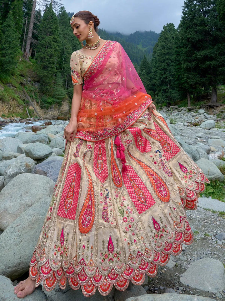 Cream And Pink Heavy Embroidered Work Traditional Designer Wear Lehenga Choli - VJV Now