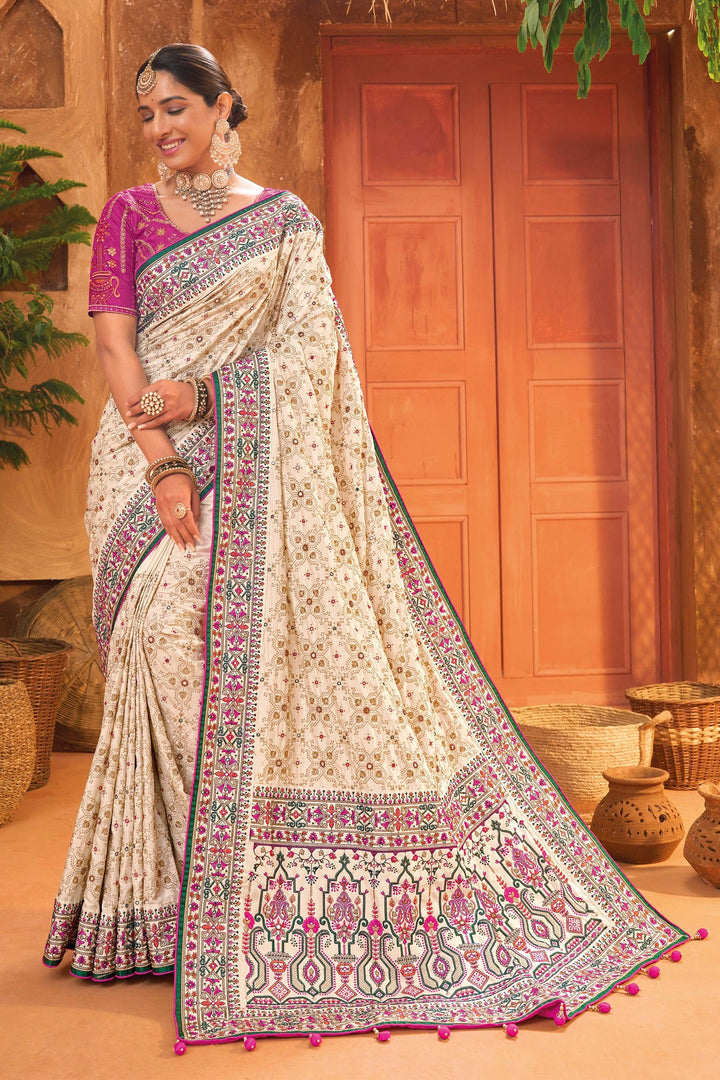 Cream Banarasi Silk Saree With Pure Kachhi Work, Diamond & Mirror Heaw Work - VJV Now