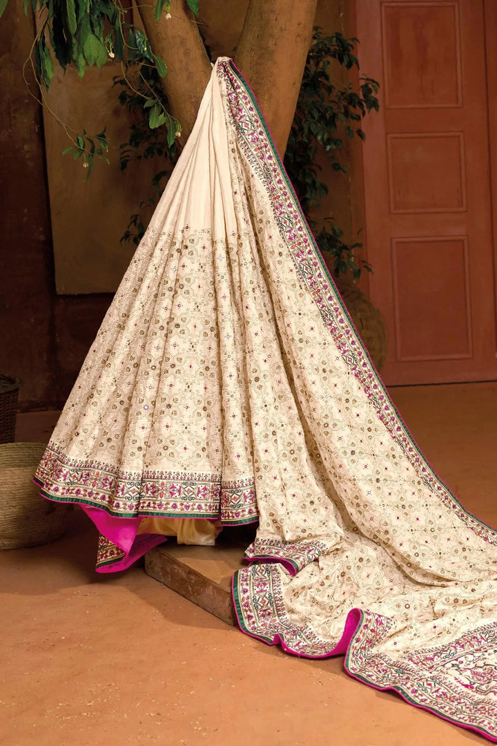 Cream Banarasi Silk Saree With Pure Kachhi Work, Diamond & Mirror Heaw Work - VJV Now