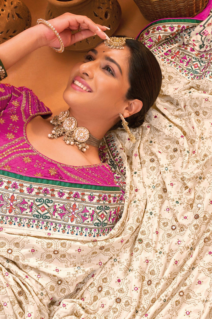 Cream Banarasi Silk Saree With Pure Kachhi Work, Diamond & Mirror Heaw Work - VJV Now