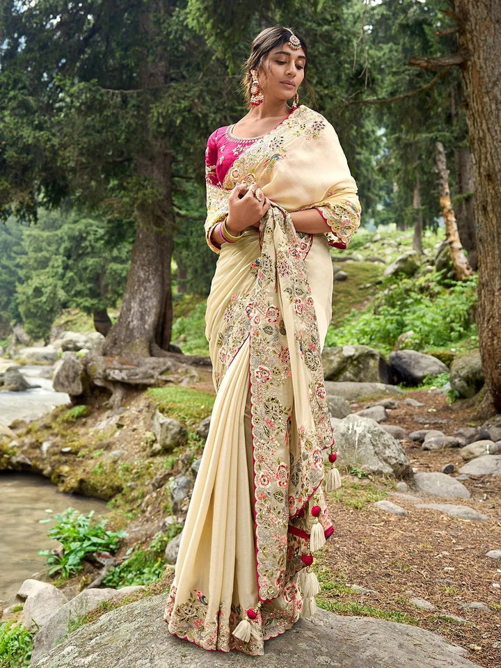 Cream Heavy Embroidered Work Designer Wear Saree - VJV Now