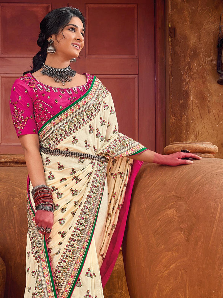Cream Pure Banarasi Silk Saree With Kutchi Work & Mirror Heavy Work - VJV Now