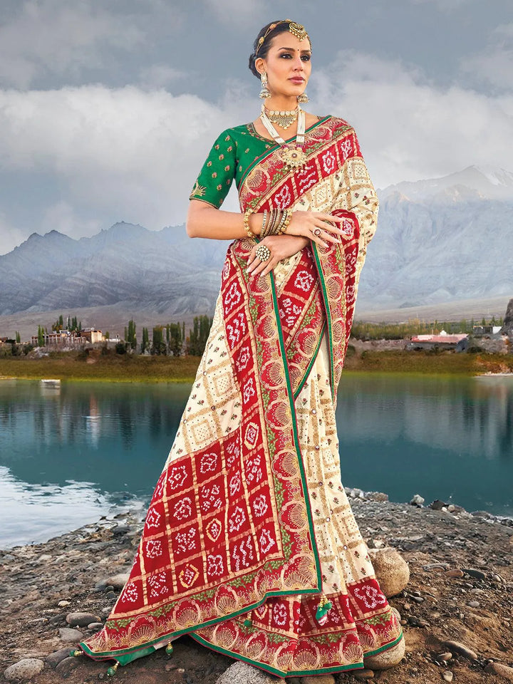 Cream Pure Gajji Mirror And Cut Dana Work saree - VJV Now