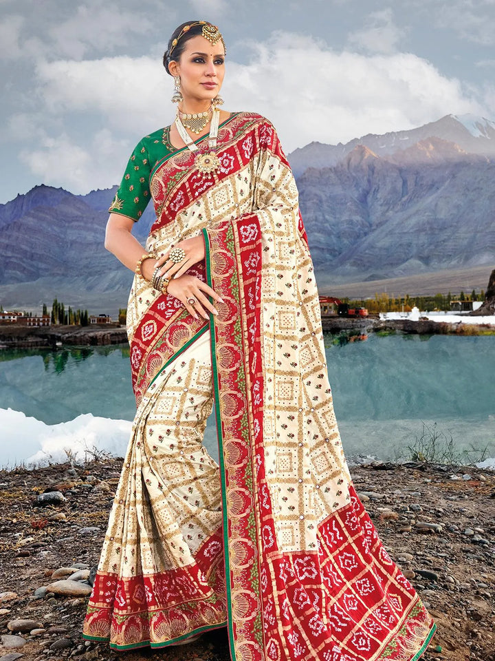 Cream Pure Gajji Mirror And Cut Dana Work saree - VJV Now