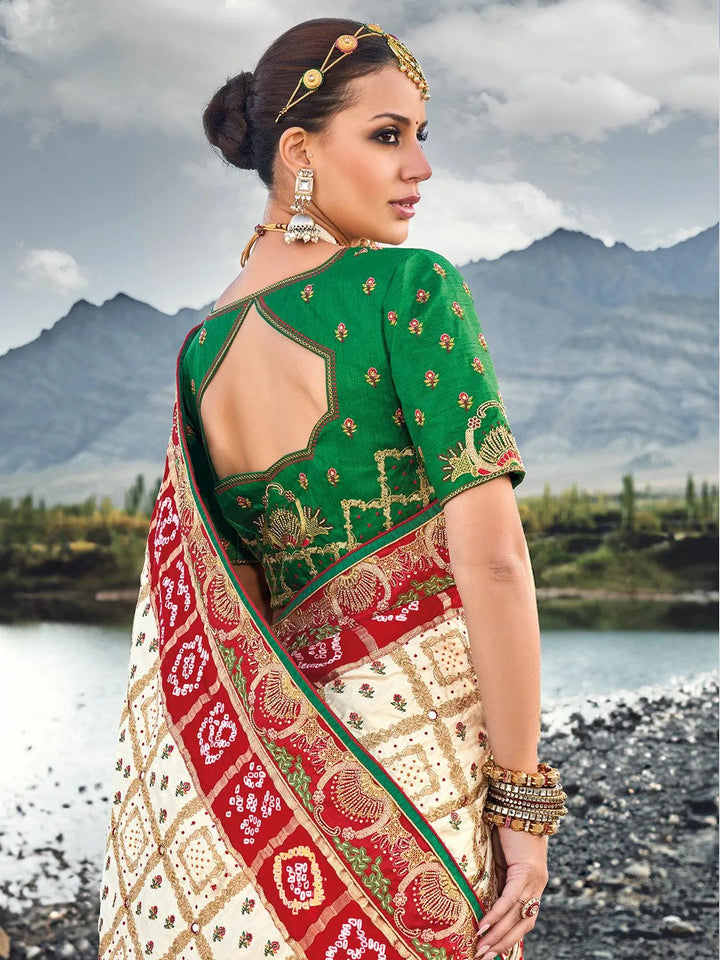 Cream Pure Gajji Mirror And Cut Dana Work saree - VJV Now