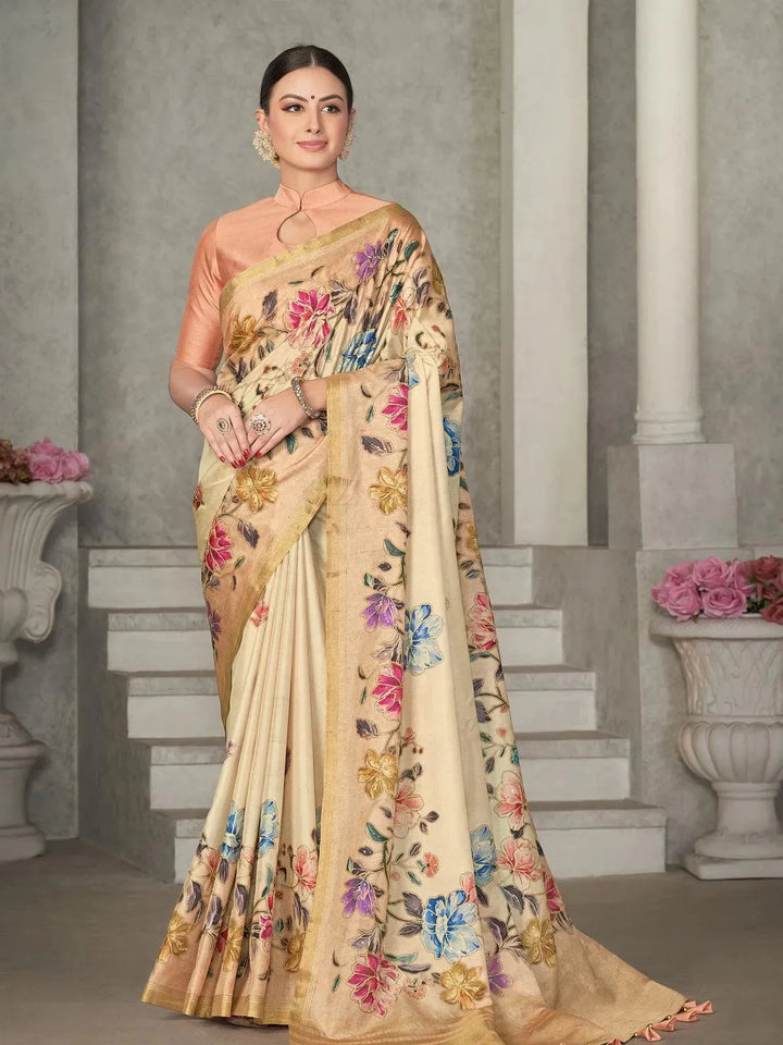 Cream Tussar Silk Woven Design Wear Saree - VJV Now