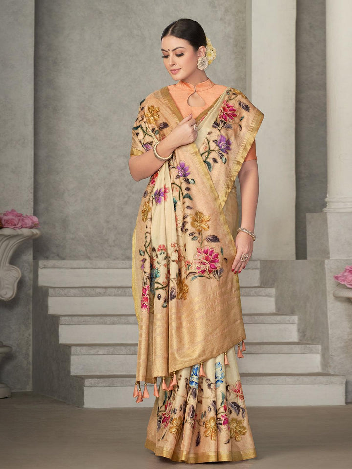 Cream Tussar Silk Woven Design Wear Saree - VJV Now