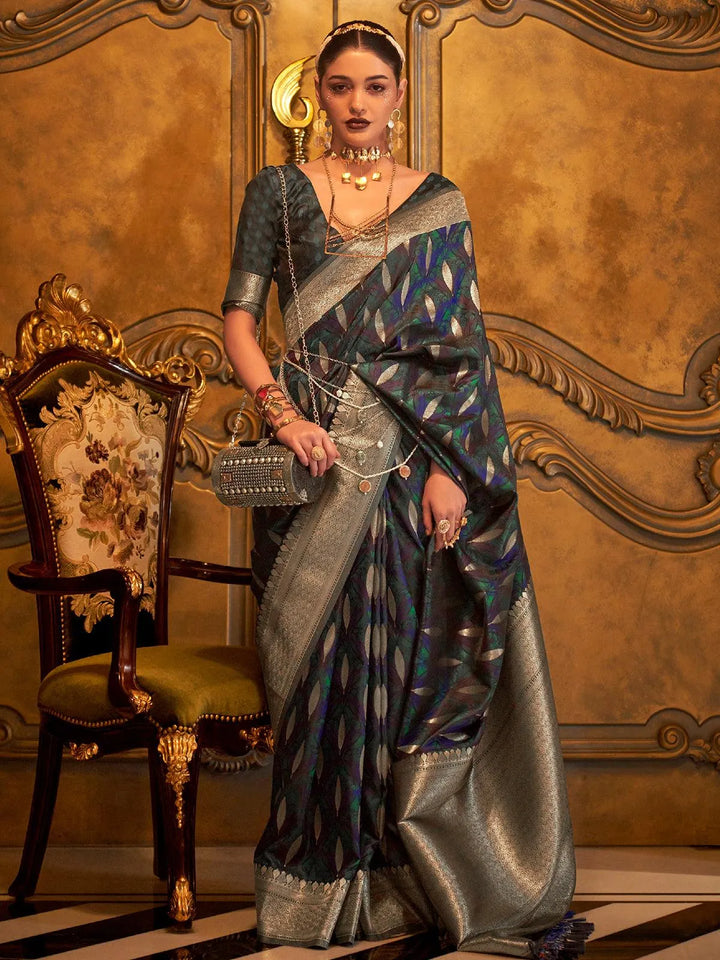 Dark Blue Banarasi Satin Zari Work Saree - VJV Now