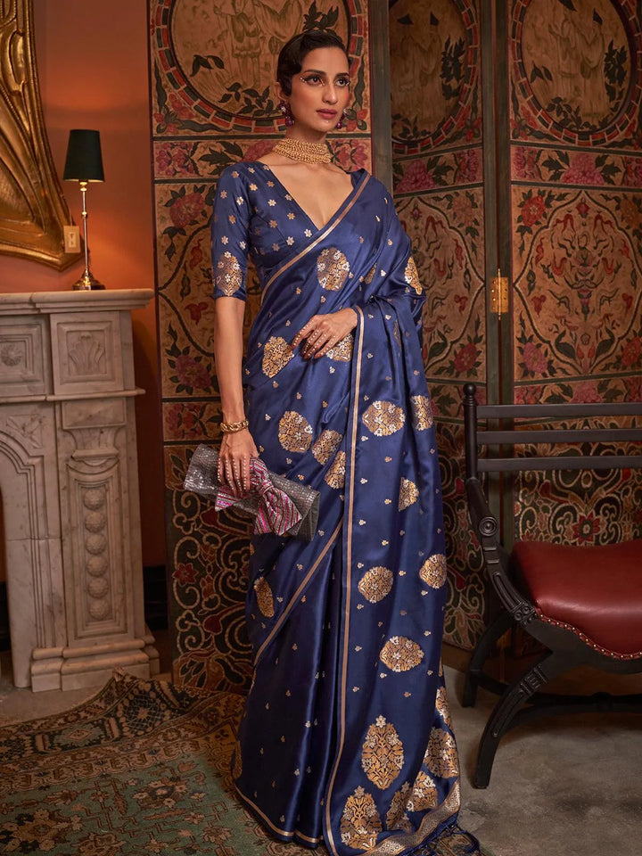 Dark Blue Zari Woven Satin Silk Saree - VJV Now