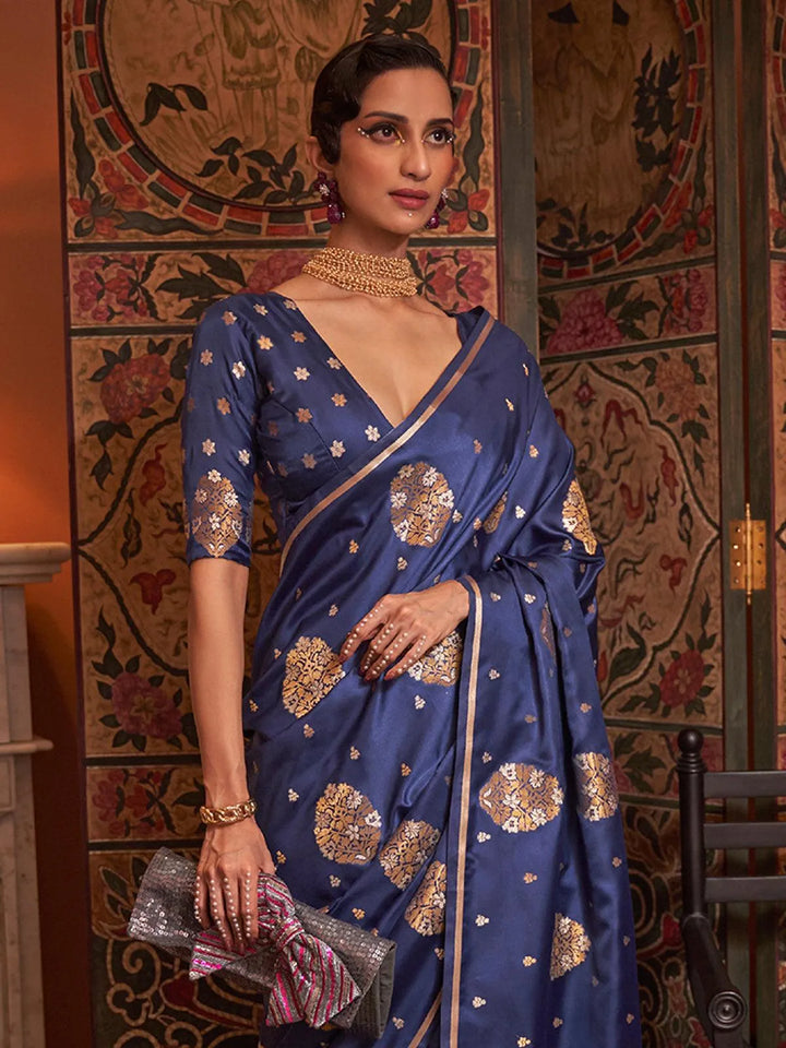 Dark Blue Zari Woven Satin Silk Saree - VJV Now