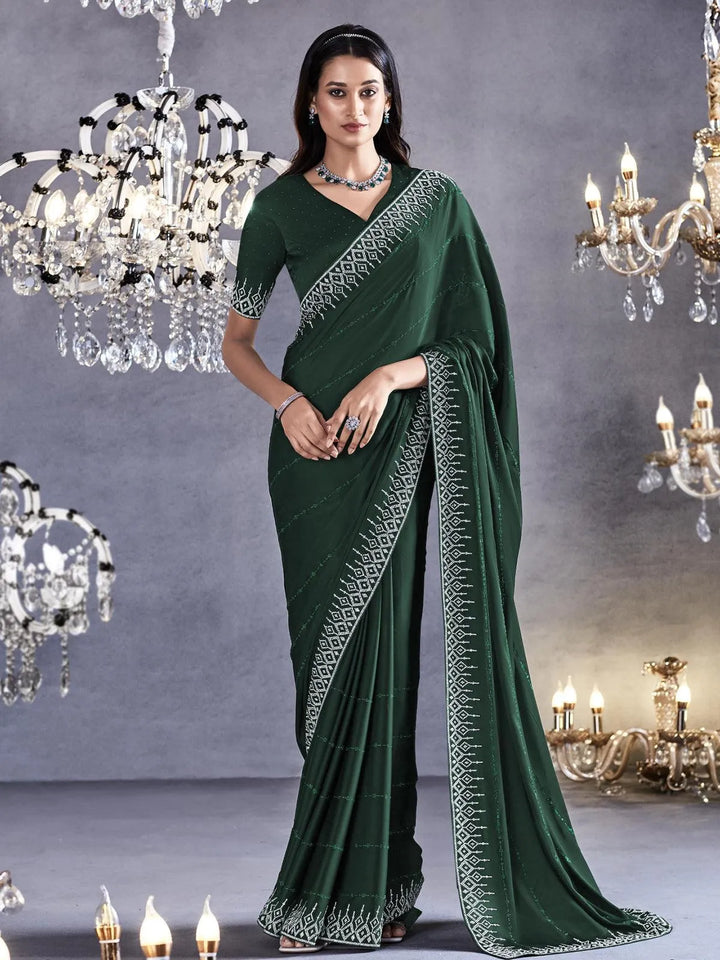 Dark Green Art Silk Georgette Silver Embroidered Border Design Saree Party Wear - VJV Now