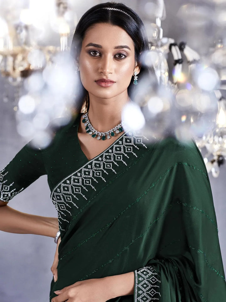 Dark Green Art Silk Georgette Silver Embroidered Border Design Saree Party Wear - VJV Now