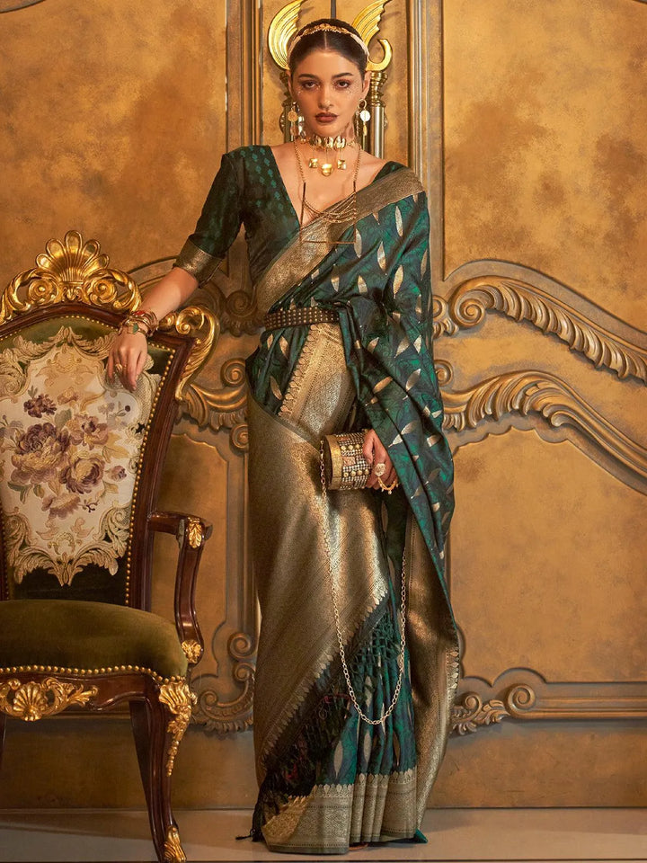 Dark Green Banarasi Satin Zari Work Saree - VJV Now