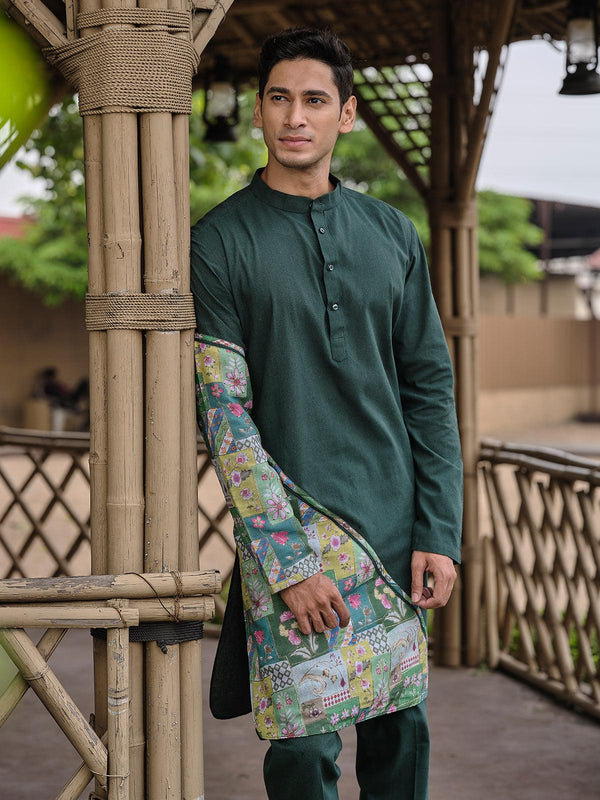 Dark Green Color Cotton fabric Digital Printed Embroidery work kurta Set for men - VJV Now