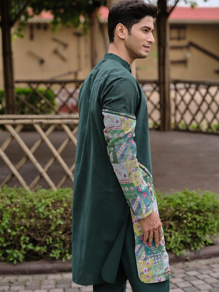 Dark Green Color Cotton fabric Digital Printed Embroidery work kurta Set for men - VJV Now