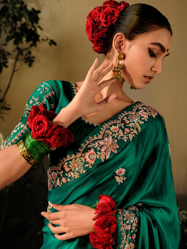 Dark Green Dola Silk Embroidered Hand Work Saree Party Wear - VJV Now