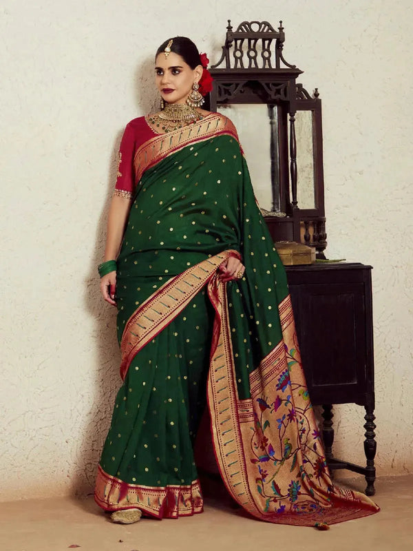 Dark Green Embroidered Saree with Red Dupion Silk Blouse Perfect for Any Occasion - VJV Now