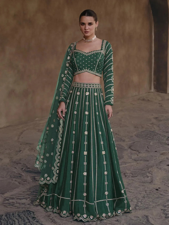 Dark Green Embroidered Umbrella Lehenga Choli Wedding Wear - VJV Now