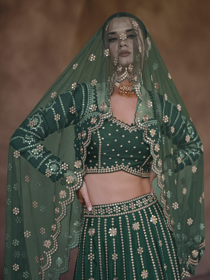 Dark Green Embroidered Umbrella Lehenga Choli Wedding Wear - VJV Now