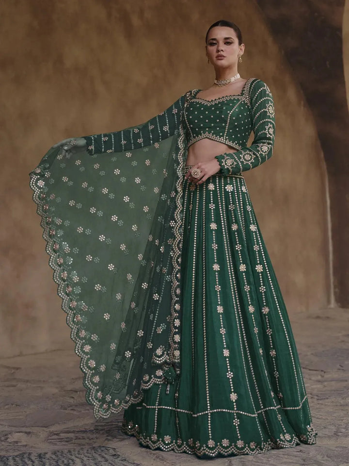 Dark Green Embroidered Umbrella Lehenga Choli Wedding Wear - VJV Now