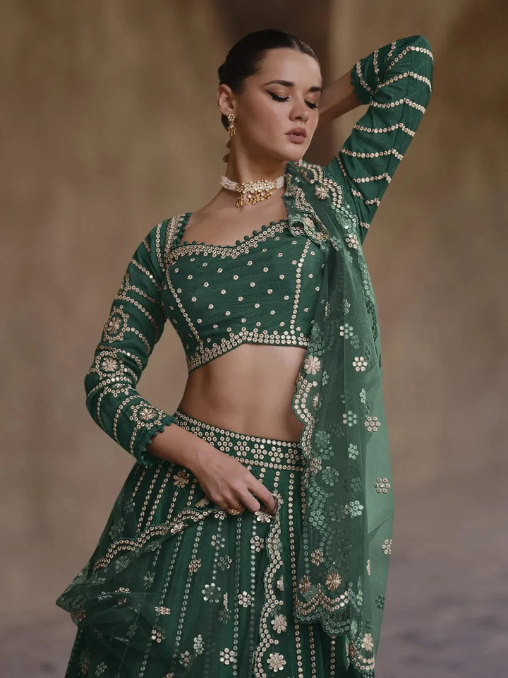 Dark Green Embroidered Umbrella Lehenga Choli Wedding Wear - VJV Now