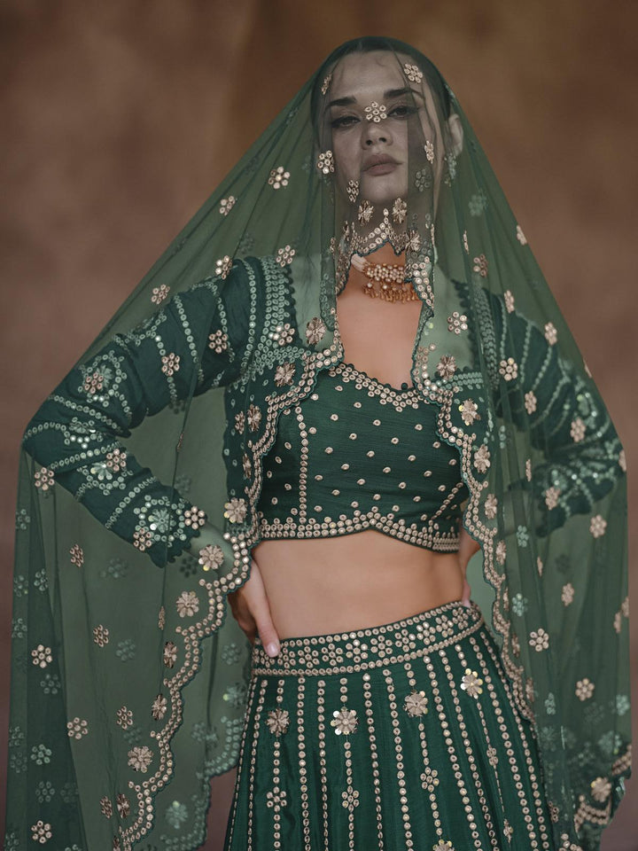 Dark Green Embroidered Umbrella Lehenga Choli Wedding Wear - VJV Now