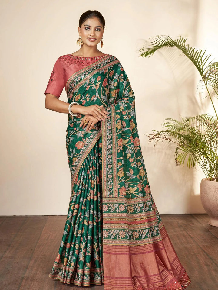 Dark Green Floral Printed Classic Silk Saree - VJV Now