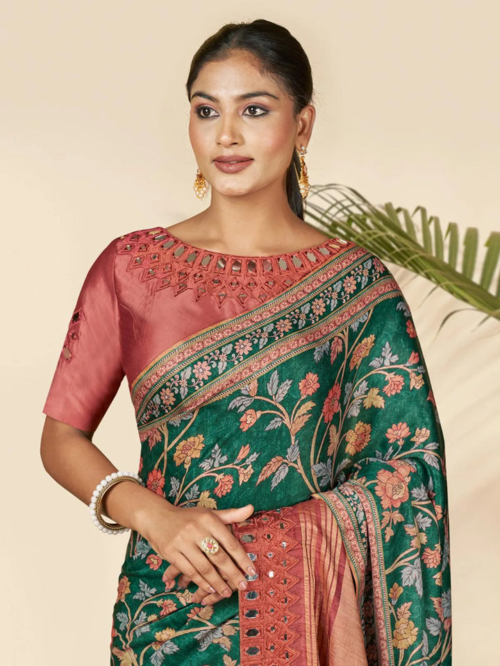 Dark Green Floral Printed Classic Silk Saree - VJV Now