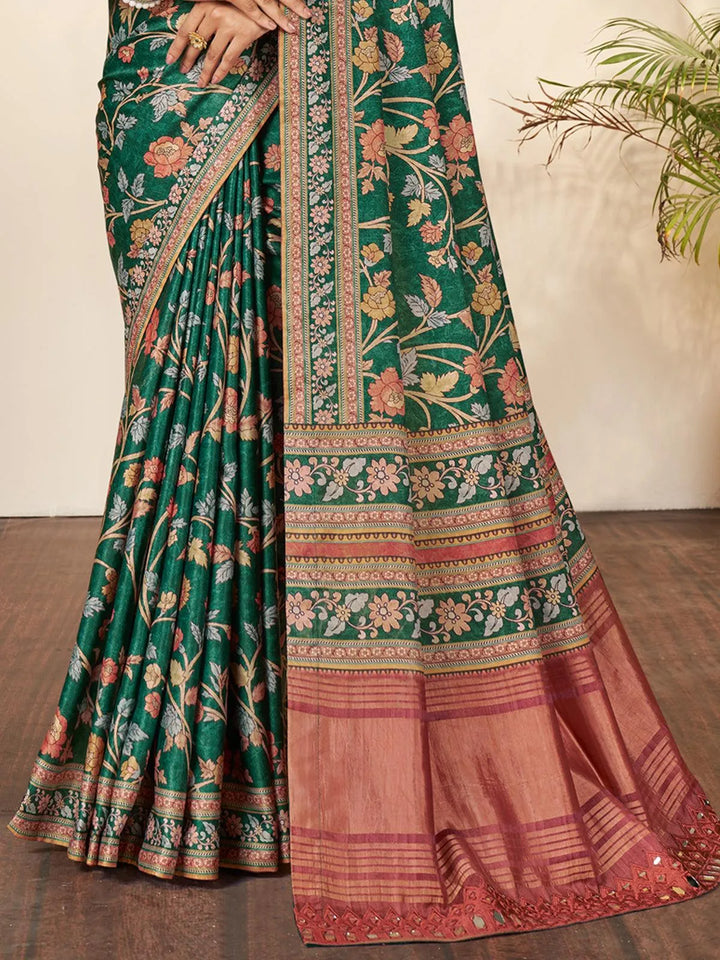 Dark Green Floral Printed Classic Silk Saree - VJV Now