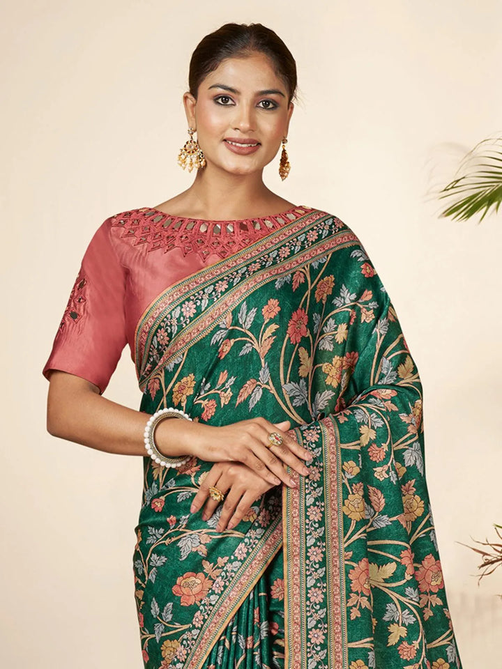 Dark Green Floral Printed Classic Silk Saree - VJV Now