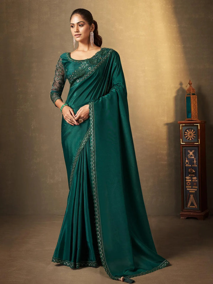 Dark Green Georgette Saree with Sequins Embroidered Party Wear - VJV Now