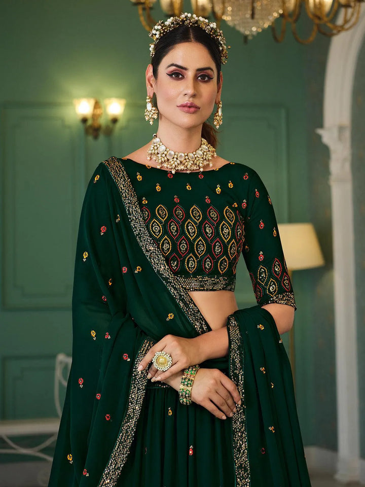 Dark Green Sequince Embroidered Work Umbrella Lehenga Choli Design Wedding Wear - VJV Now