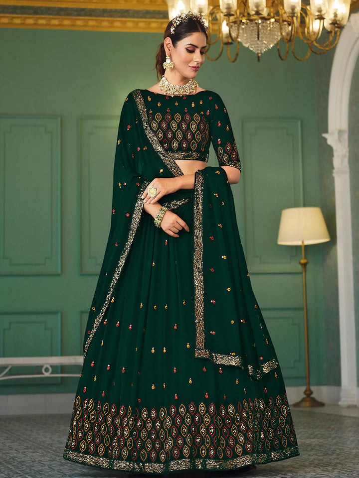 Dark Green Sequince Embroidered Work Umbrella Lehenga Choli Design Wedding Wear - VJV Now