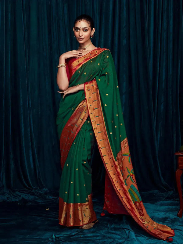 Dark Green Silk Brasso Saree with Red Raw Silk Embroidered Blouse For Casual & Daily Wear - VJV Now