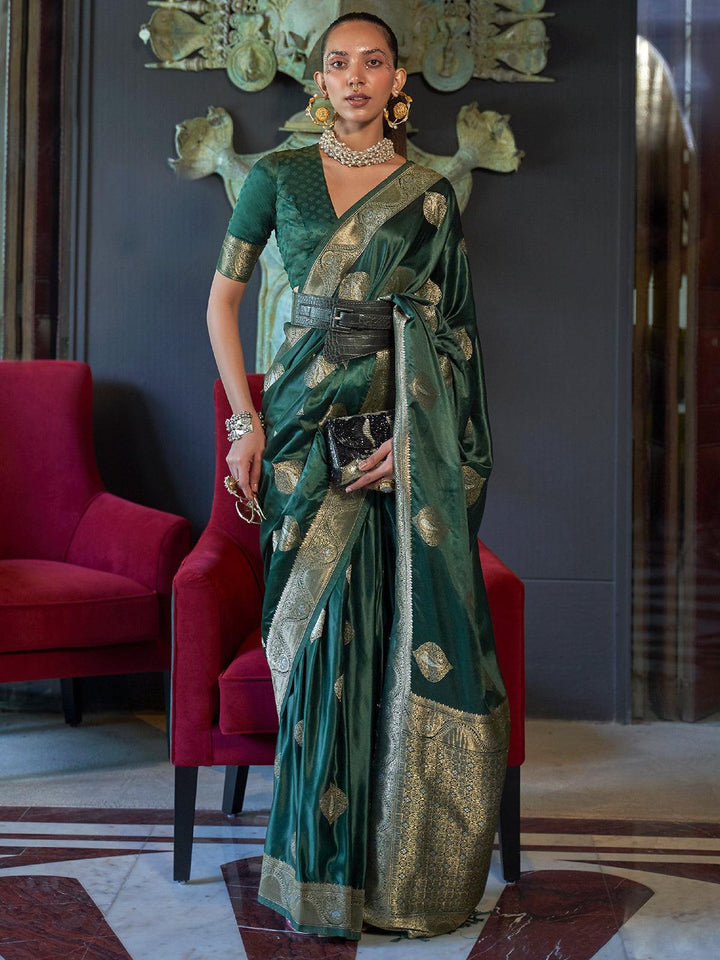 Dark Green Woven Banarasi Silk Saree - VJV Now