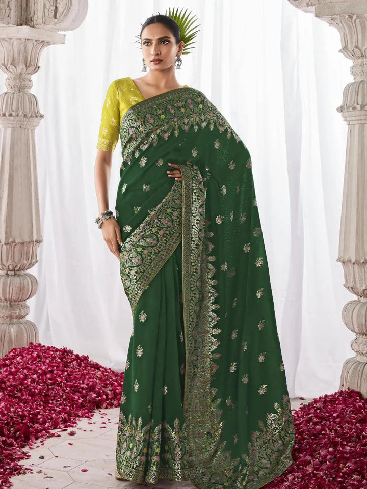 Dark Green Woven Georgette Silk Saree Party Wear - VJV Now