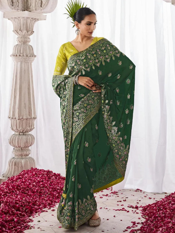 Dark Green Woven Georgette Silk Saree Party Wear - VJV Now