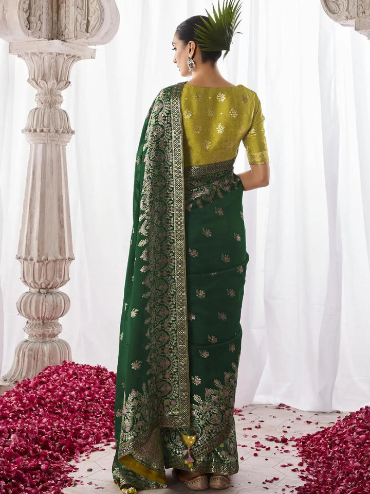 Dark Green Woven Georgette Silk Saree Party Wear - VJV Now