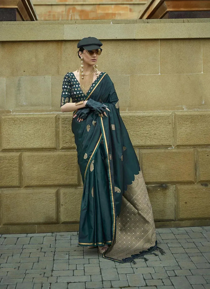 Dark Green Woven Satin Silk Festive Wear Saree - VJV Now