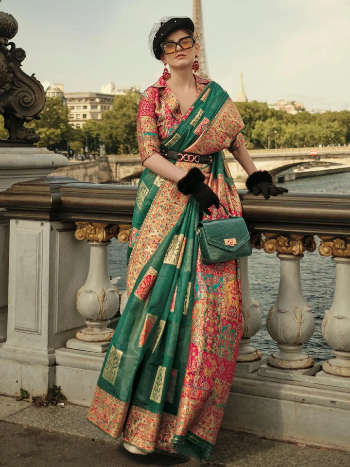 Dark Green Woven Zari And Floral Motif Saree - VJV Now