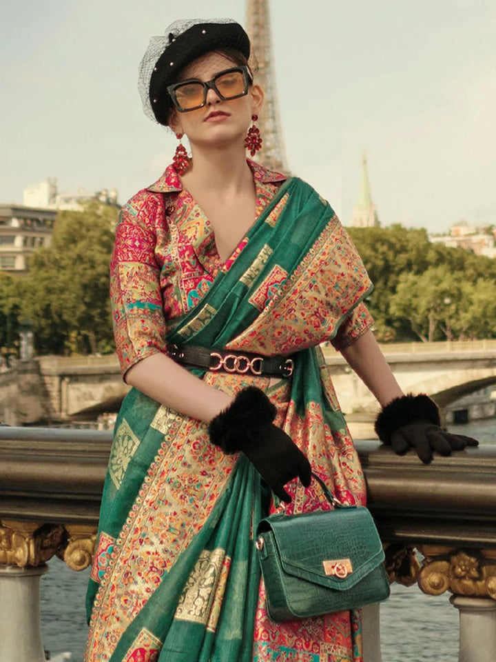 Dark Green Woven Zari And Floral Motif Saree - VJV Now