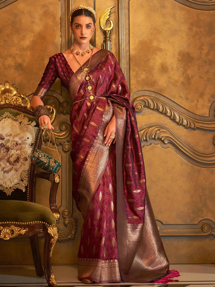 Dark Maroon Banarasi Satin Zari Work Saree - VJV Now